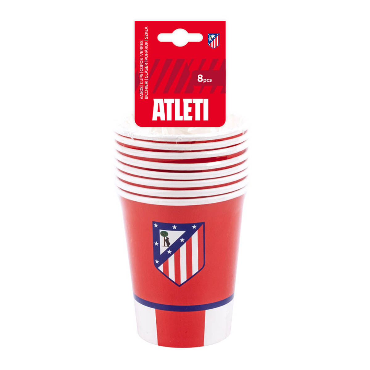 Vasos rayas y escudo fondo rojo 8 piezas image number null